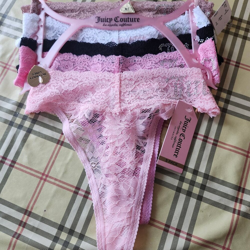 Juicy Couture Extra Large XL Lace Rhinestones Thongs Underwear 5 Pairs NWT